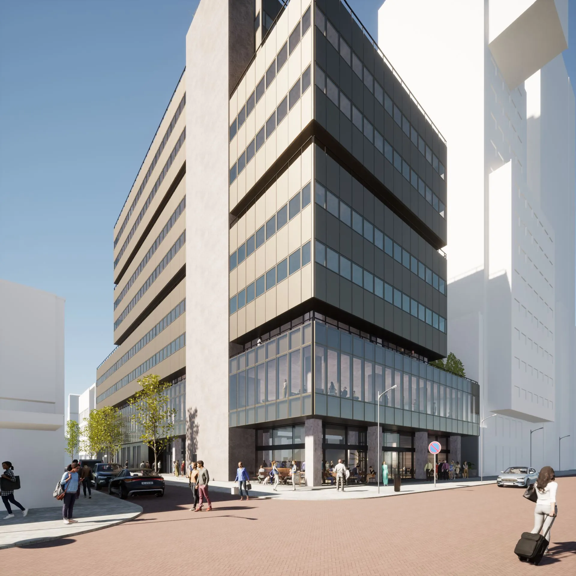 Modern kantoorgebouw aan de Aert van Nesstraat met glazen gevel en voetgangers op straat.